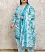 turquoise & white cotton blend printed ready to wear patiala salwar suit