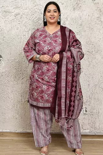 Rajnandini wine cotton blend printed ready to wear patiala salwar suit