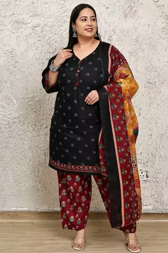 Rajnandini black cotton blend printed ready to wear patiala salwar suit