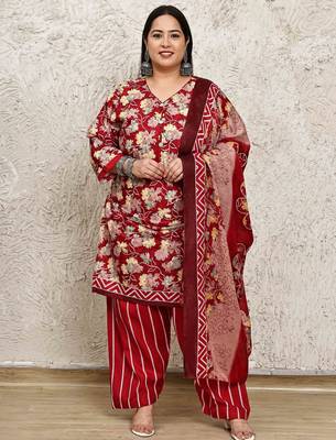red cotton blend printed ready to wear patiala salwar suit 1