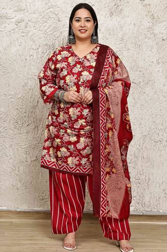 Rajnandini red cotton blend printed ready to wear patiala salwar suit