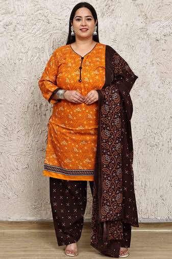 Rajnandini orange cotton blend printed ready to wear patiala salwar suit