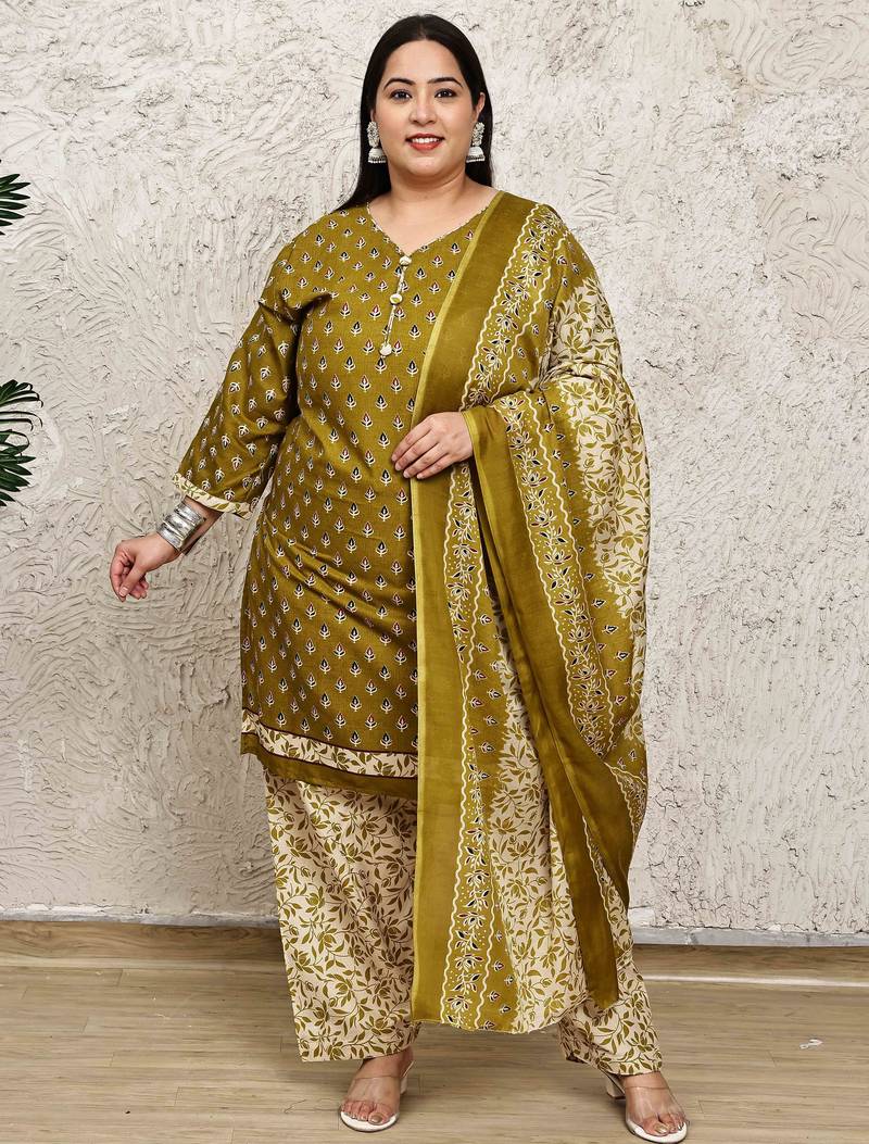 Rajnandini green cotton blend printed ready to wear patiala salwar suit