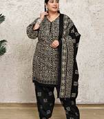 beige & black cotton blend printed ready to wear patiala salwar suit