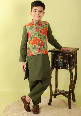 Green printed cotton nehru jacket set 1
