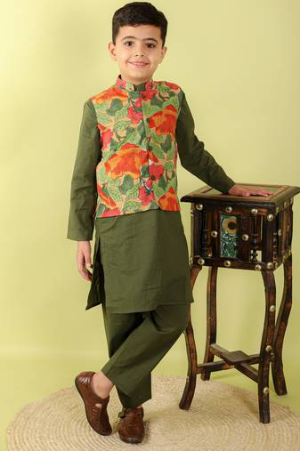Green printed cotton nehru jacket set