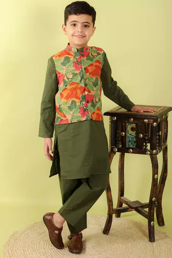 Green printed cotton nehru jacket set