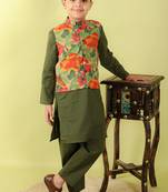 Green printed cotton nehru jacket set
