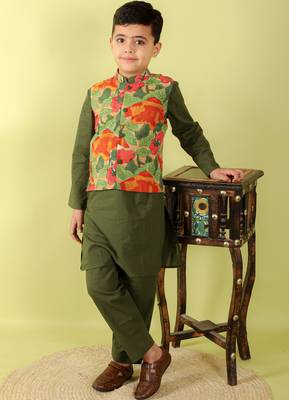 Green printed cotton nehru jacket set 2