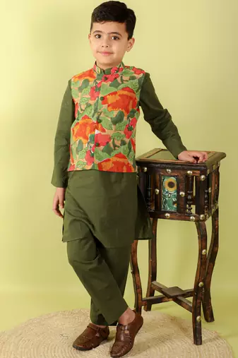 Green printed cotton nehru jacket set