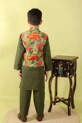 Green printed cotton nehru jacket set 3