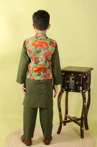 Green printed cotton nehru jacket set