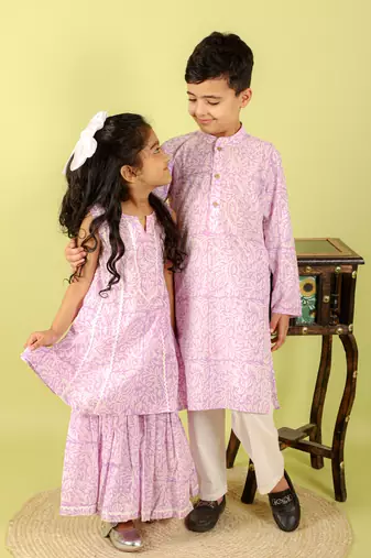 Purple printed cotton kurta pyjama