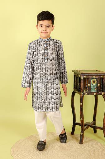 Black printed cotton kurta pyjama