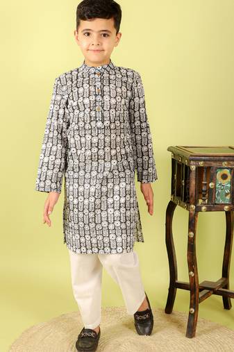 Black printed cotton kurta pyjama