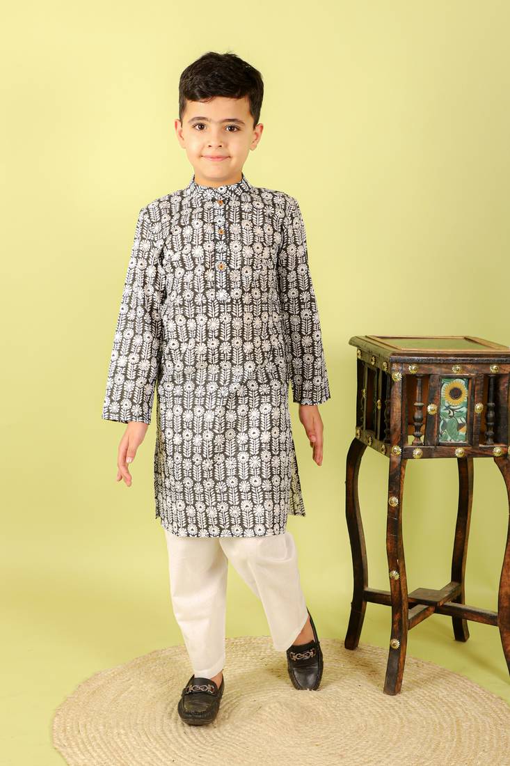 Black printed cotton kurta pyjama