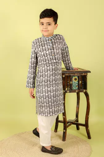 Black printed cotton kurta pyjama