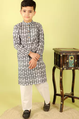Black printed cotton kurta pyjama