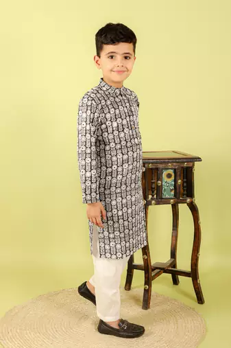 Black printed cotton kurta pyjama