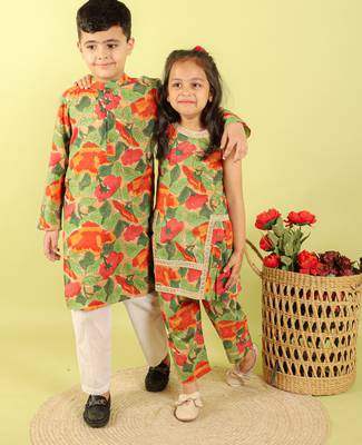 Green printed cotton kurta pyjama 4