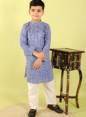Blue printed cotton kurta pyjama 1