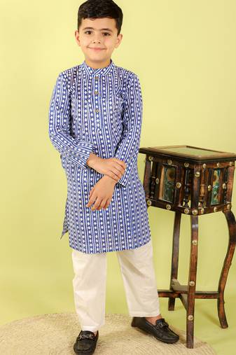 Blue printed cotton kurta pyjama