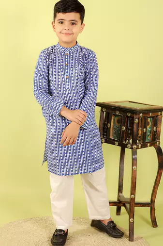 Blue printed cotton kurta pyjama