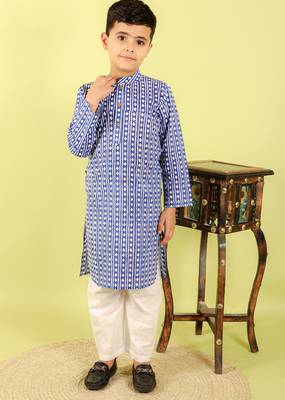 Blue printed cotton kurta pyjama 2