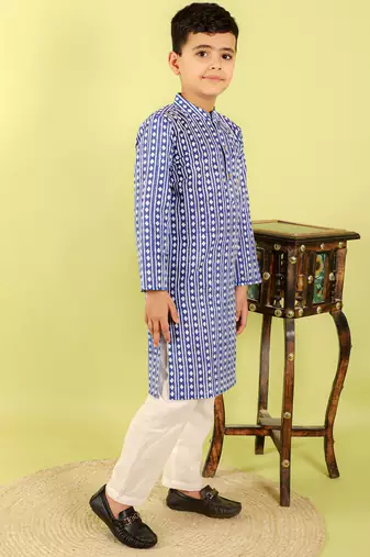 Blue printed cotton kurta pyjama