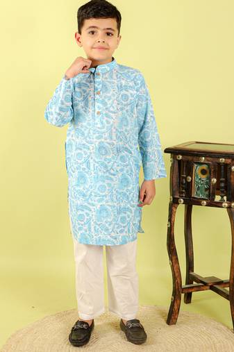Blue printed cotton kurta pyjama