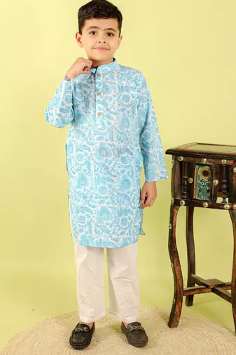 Blue printed cotton kurta pyjama