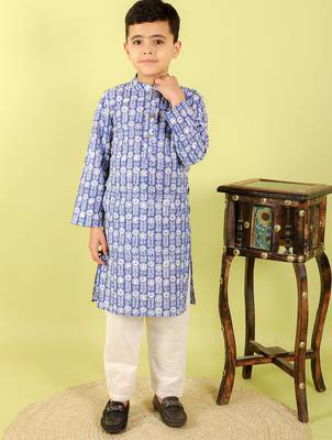 Blue printed cotton kurta pyjama 1