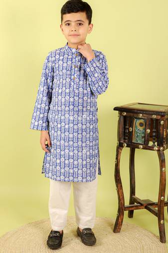 Blue printed cotton kurta pyjama