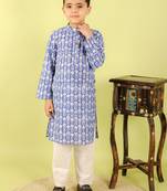 Blue printed cotton kurta pyjama