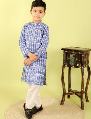 Blue printed cotton kurta pyjama 2