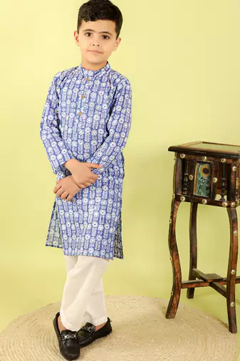 Blue printed cotton kurta pyjama