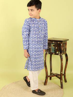 Blue printed cotton kurta pyjama 3
