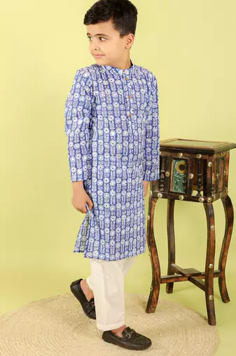 Blue printed cotton kurta pyjama
