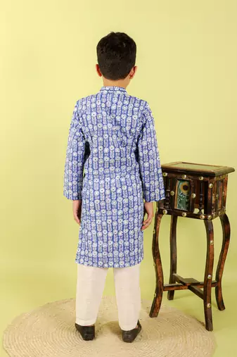 Blue printed cotton kurta pyjama