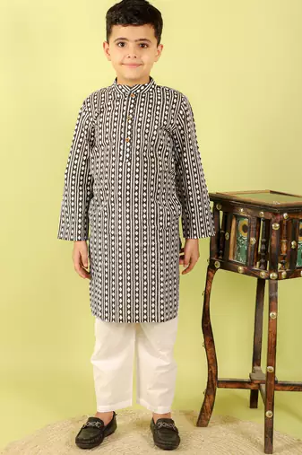 Black printed cotton kurta pyjama