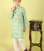 Green printed cotton kurta pyjama