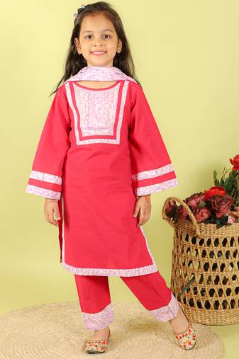 Pink printed cotton kurta set