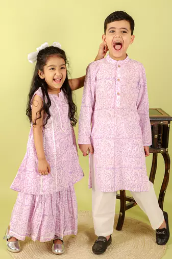 Purple printed cotton sharara with kurta