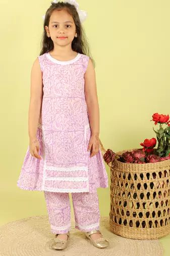 Purple printed cotton kurti set