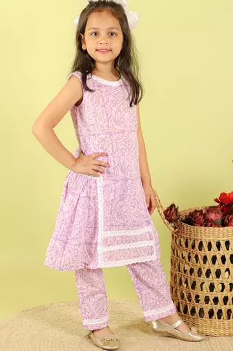 Purple printed cotton kurti set