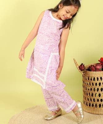 Purple printed cotton kurti set 3
