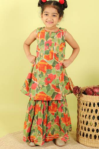 Green printed cotton sharara with kurta