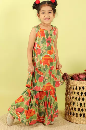 Green printed cotton sharara with kurta