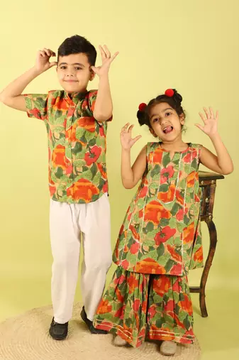 Green printed cotton sharara with kurta