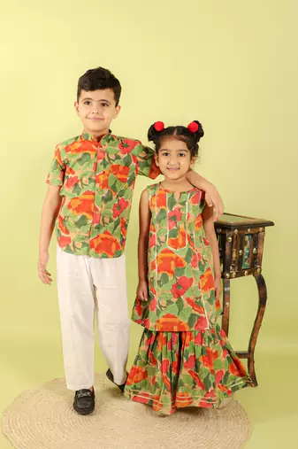 Green printed cotton sharara with kurta